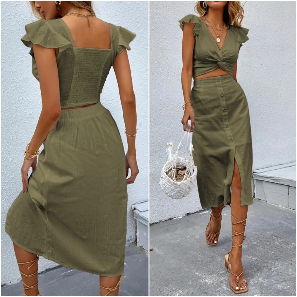 Boho Army Green V Neck Twist Ruffle Crop Top Skirt set - Picture 3 of 3